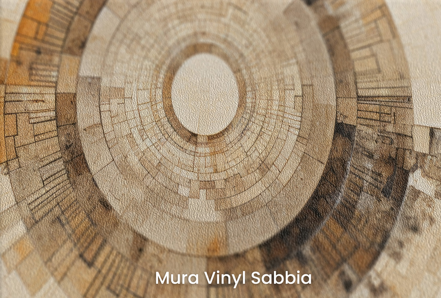 Zbliżenie na artystyczną fototapetę o nazwie SUNBURST MOSAIC na podłożu Mura Vinyl Sabbia struktura grubego ziarna piasku.