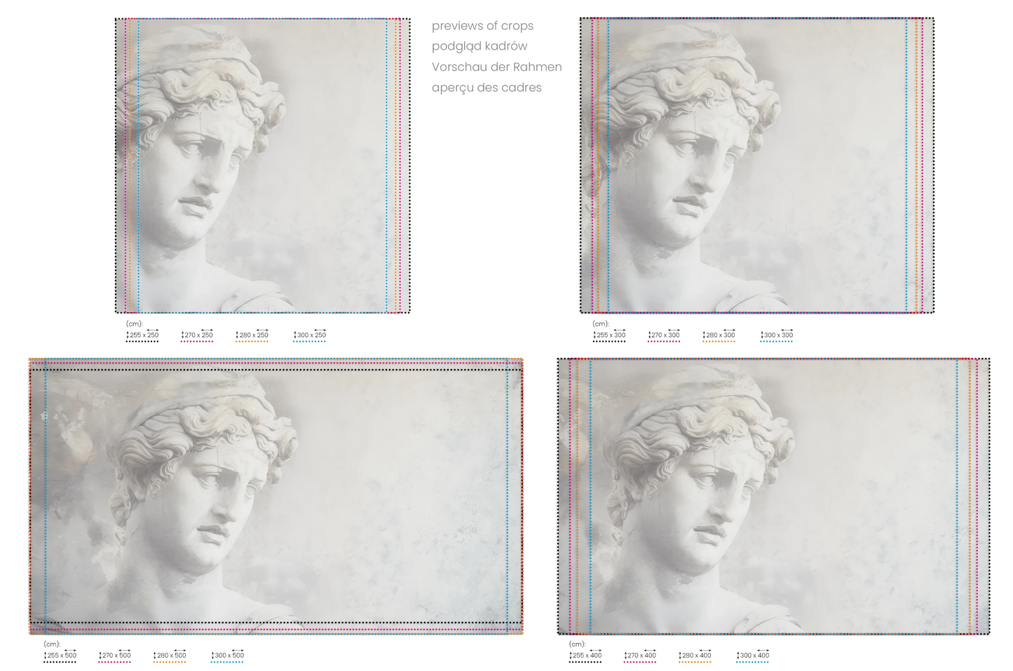 Na obrazie znajduje się prezentacja przykładowych rozmiarów fototapety o nazwie Athena's Wisdom. Rozmiar fototapety jest dowolny.