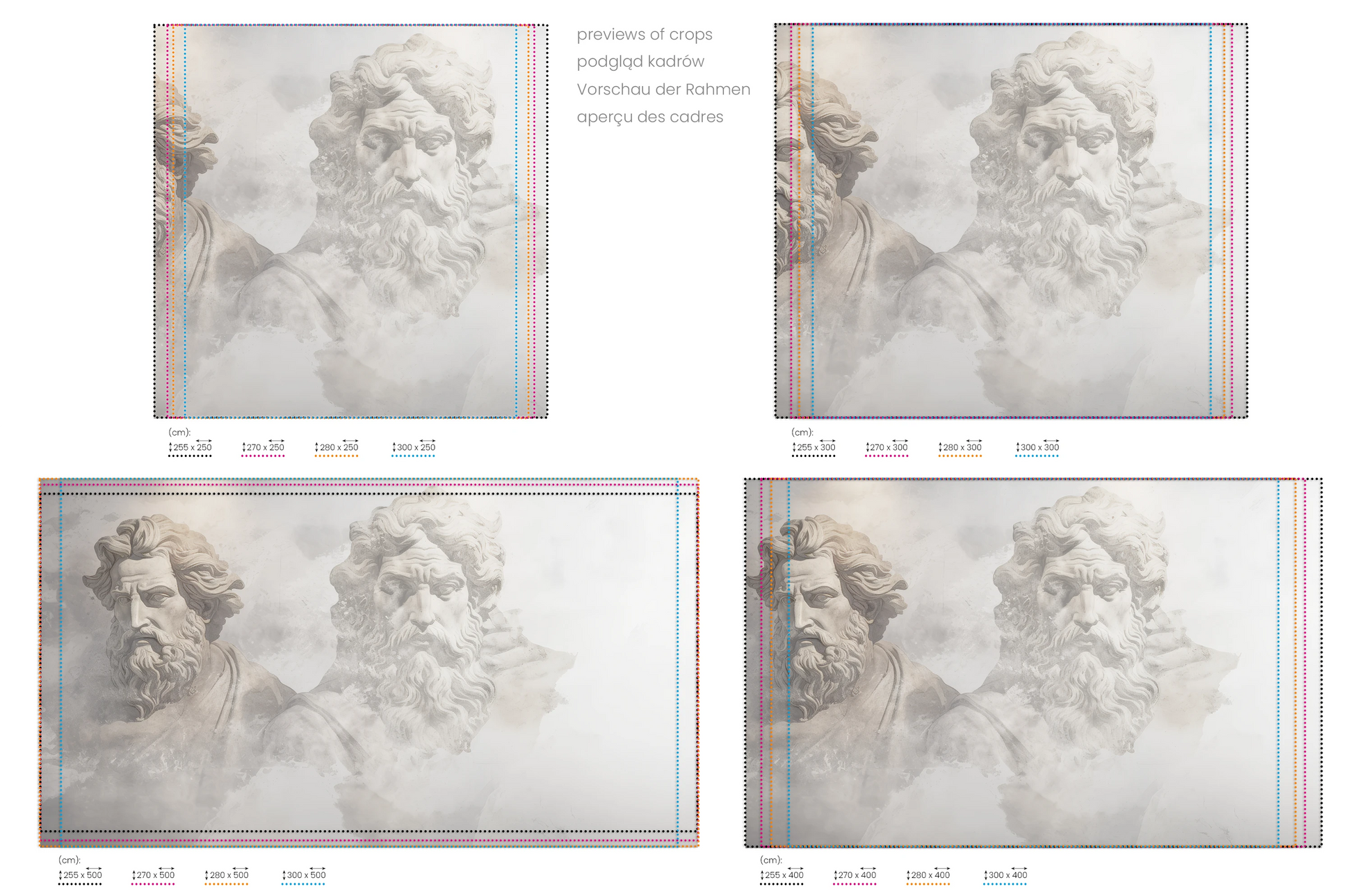 Na obrazie znajduje się prezentacja przykładowych rozmiarów fototapety o nazwie Zeus's Introspection. Rozmiar fototapety jest dowolny.