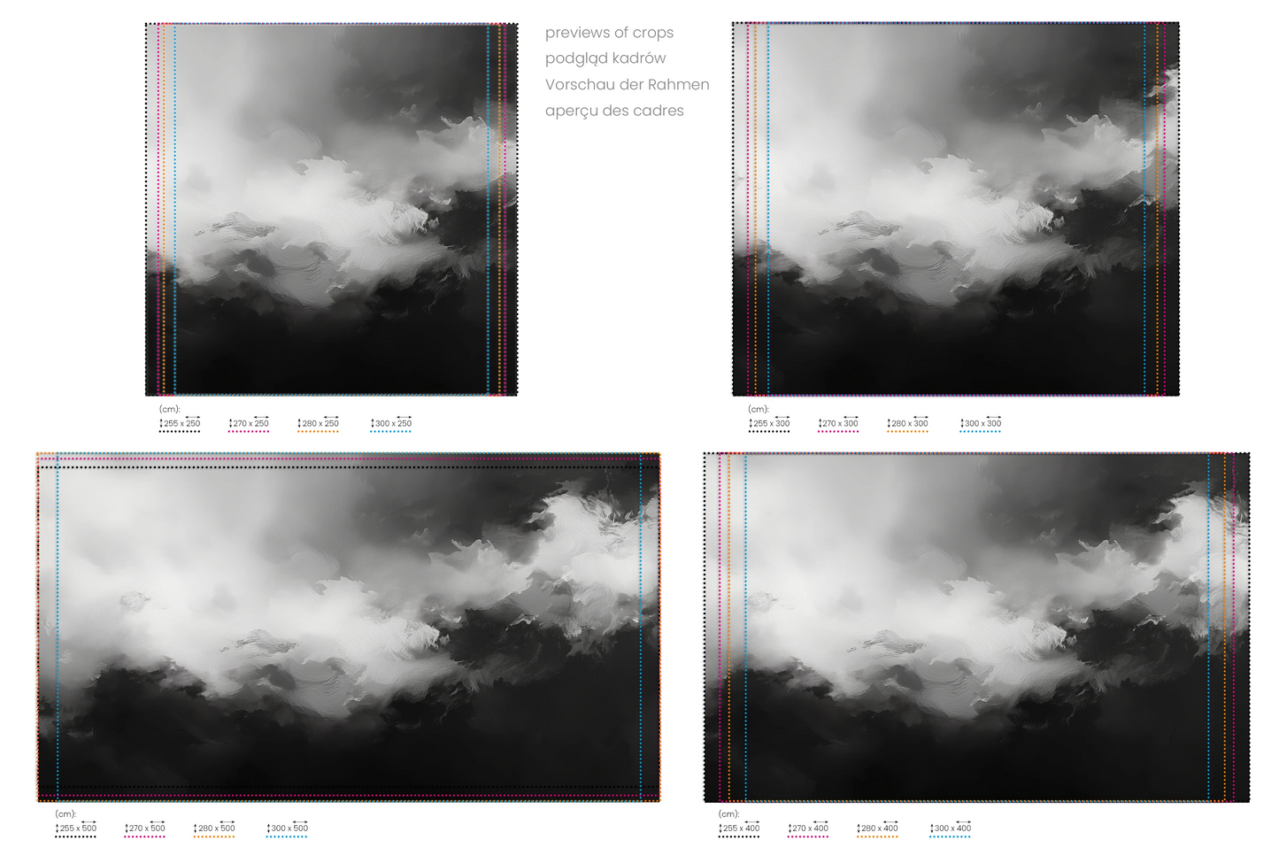 Na obrazie znajduje się prezentacja przykładowych rozmiarów fototapety o nazwie Storm's Palette. Rozmiar fototapety jest dowolny.