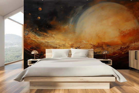 Wzór fototapety artystycznej o nazwie Moonlit Glory pokazanej w aranżacji wnętrza.