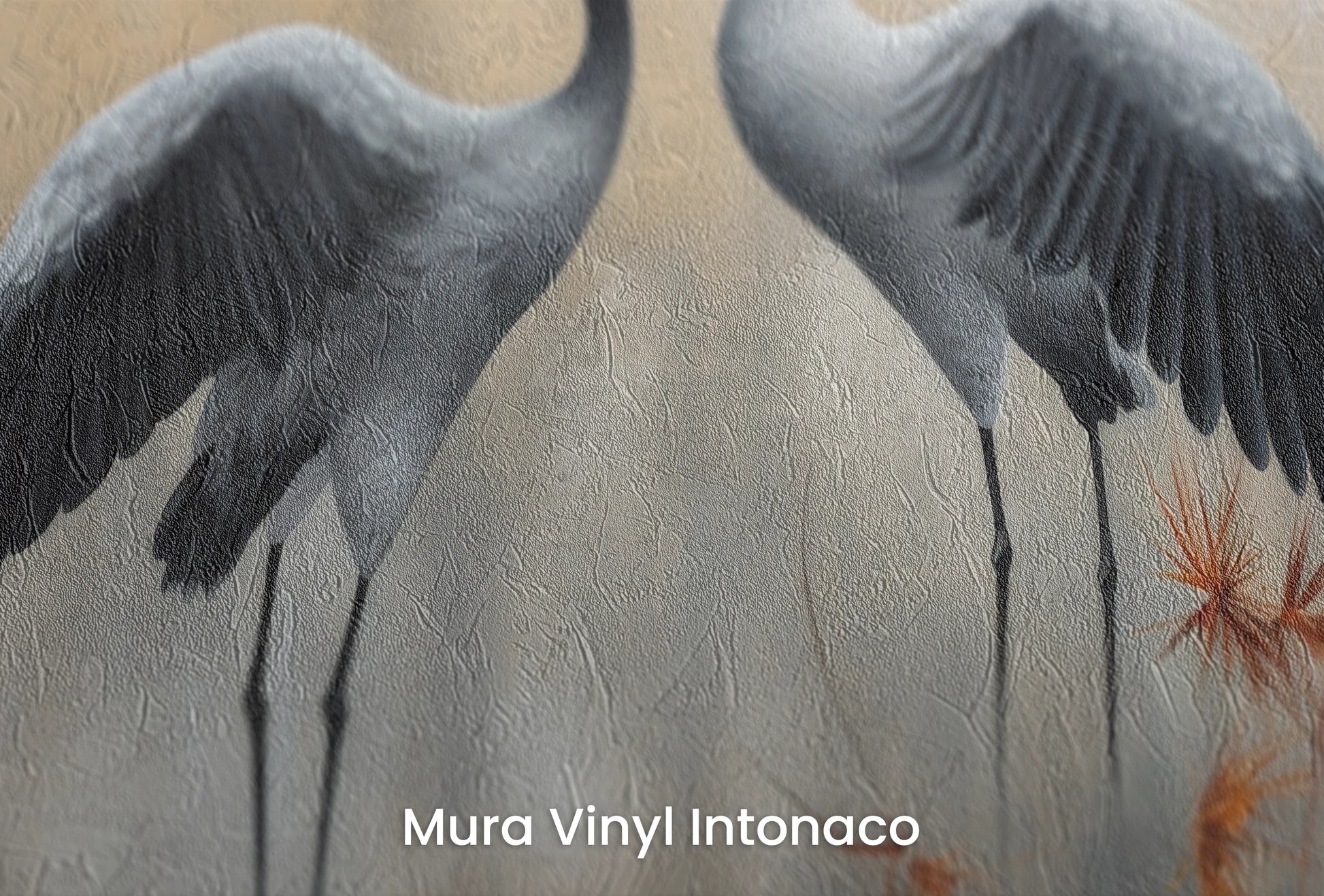 Zbliżenie na artystyczną fototapetę o nazwie Duet at Dusk na podłożu Mura Vinyl Intonaco - struktura tartego tynku.