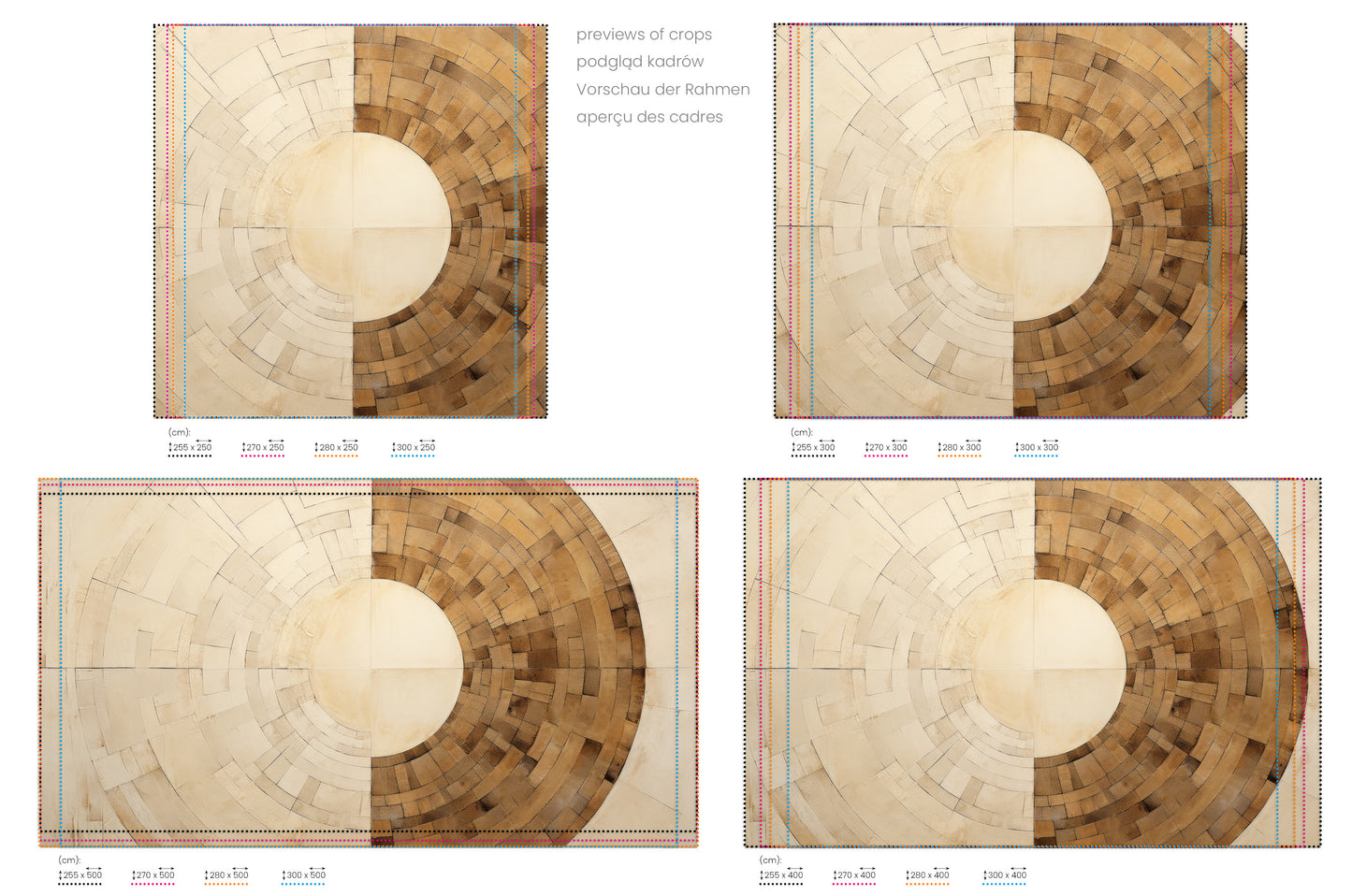 Na obrazie znajduje się prezentacja przykładowych rozmiarów fototapety o nazwie SUNSTONE MAZE DESIGN. Rozmiar fototapety jest dowolny.