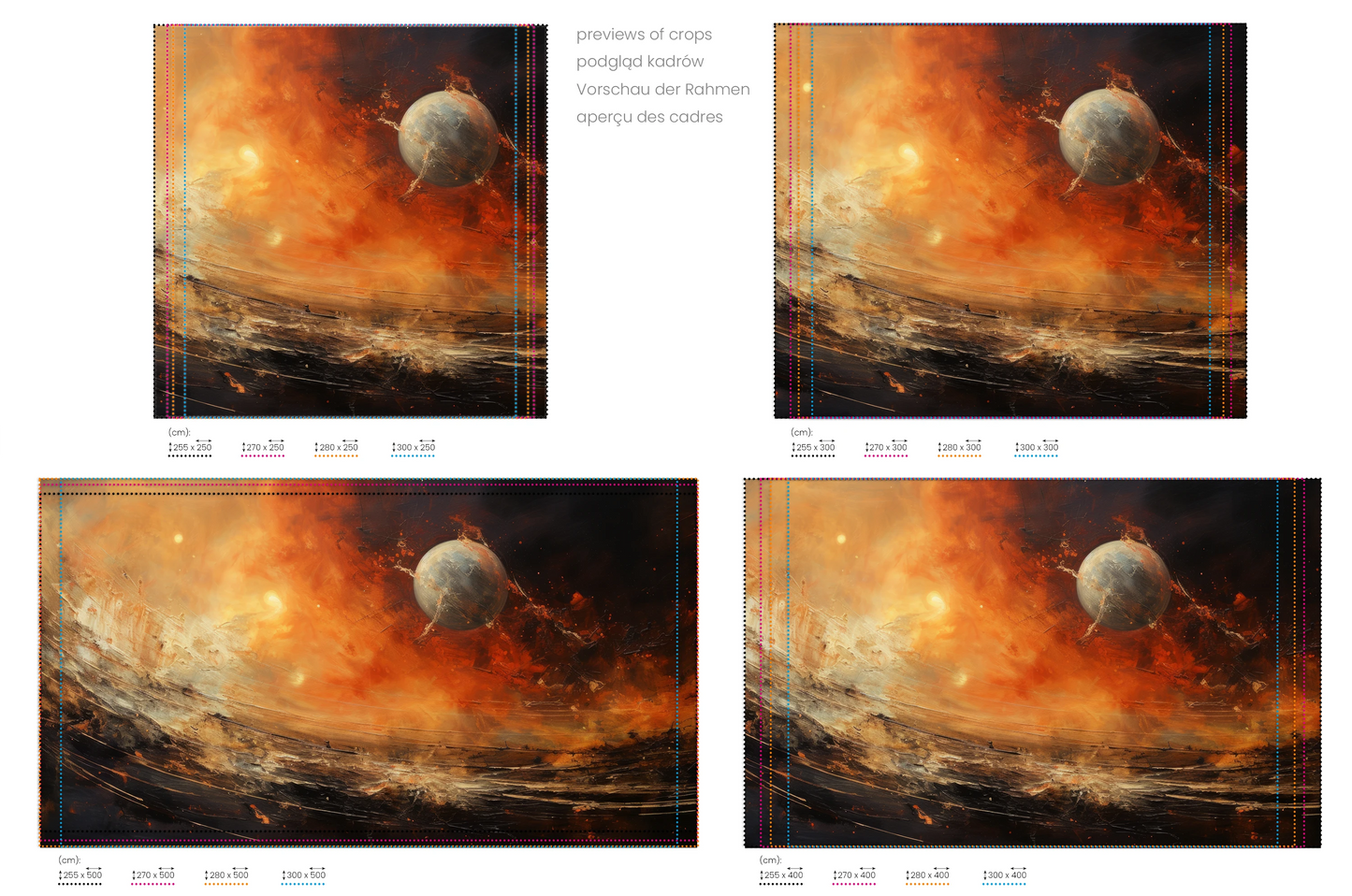 Na obrazie znajduje się prezentacja przykładowych rozmiarów fototapety o nazwie Celestial Journey. Rozmiar fototapety jest dowolny.