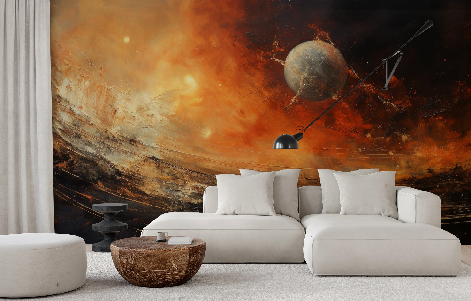 Wzór fototapety malowanej o nazwie Celestial Journey pokazanej w aranżacji wnętrza.
