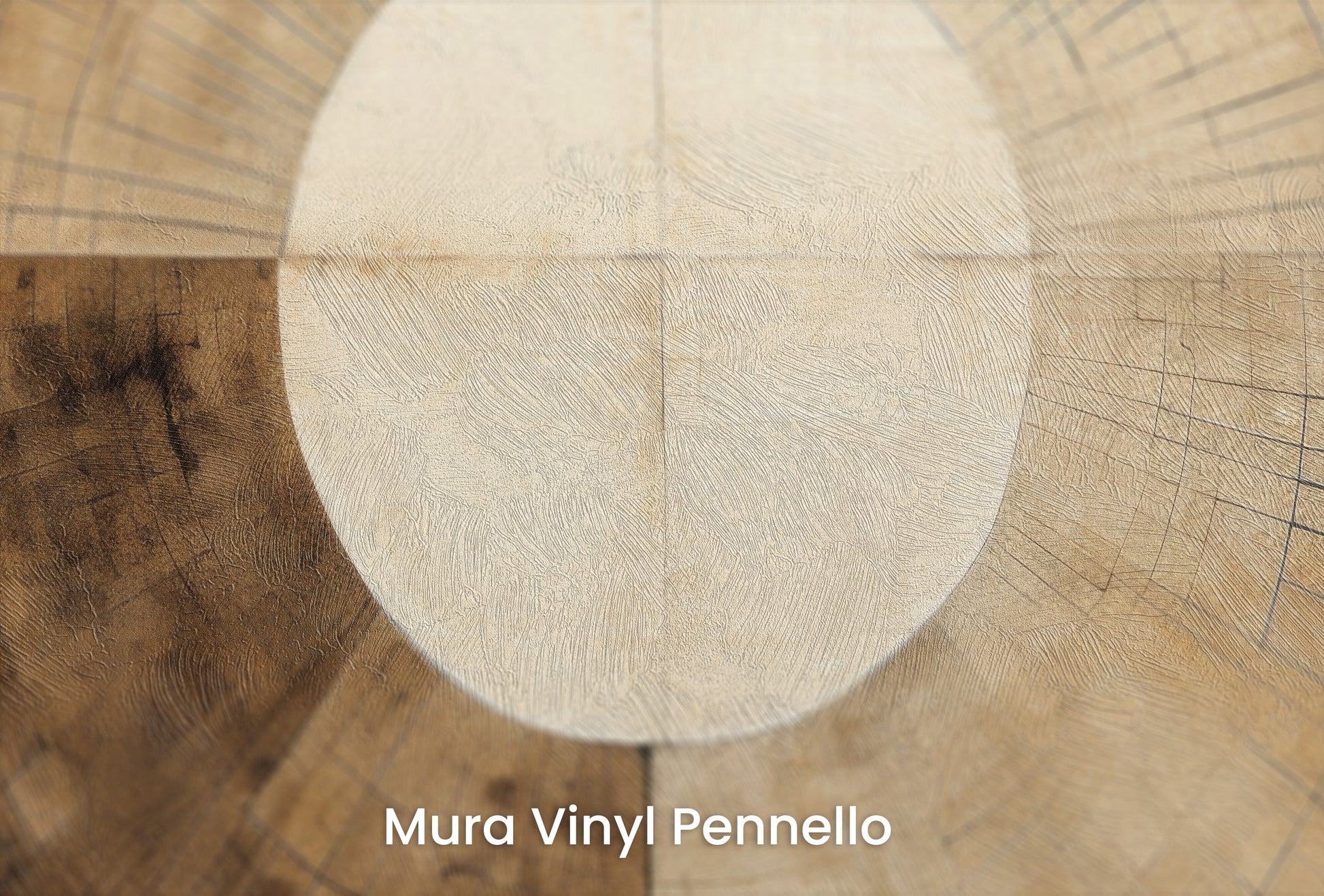 Zbliżenie na artystyczną fototapetę o nazwie AURORA DISC HARMONY na podłożu Mura Vinyl Pennello - faktura pociągnięć pędzla malarskiego.