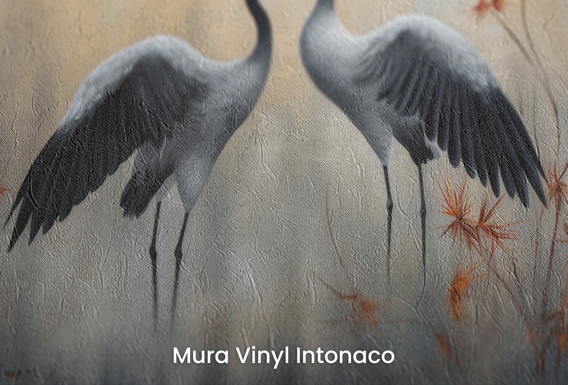 Zbliżenie na artystyczną fototapetę o nazwie Gentle Embrace na podłożu Mura Vinyl Intonaco - struktura tartego tynku.