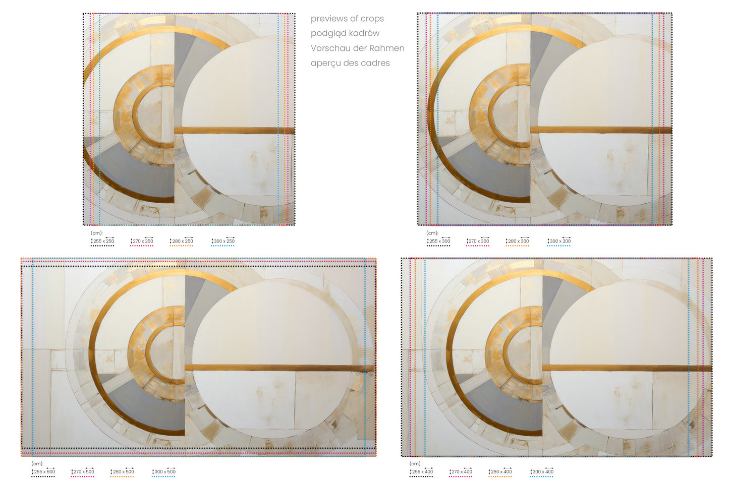 Na obrazie znajduje się prezentacja przykładowych rozmiarów fototapety o nazwie GOLDEN SEGMENT SYMMETRY. Rozmiar fototapety jest dowolny.