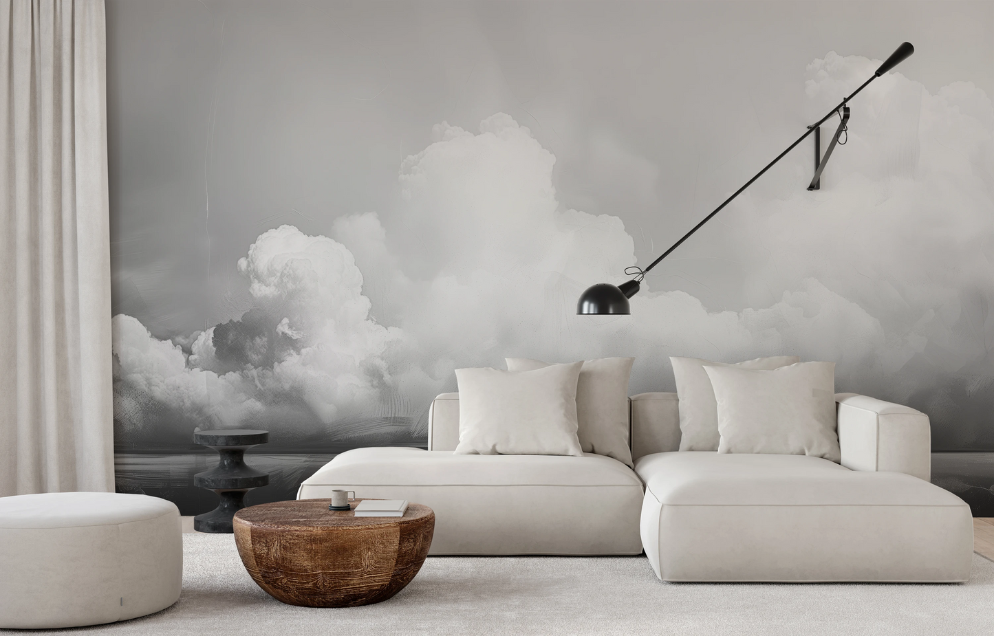 Wzór fototapety artystycznej o nazwie Clouds of Tranquility pokazanej w aranżacji wnętrza.