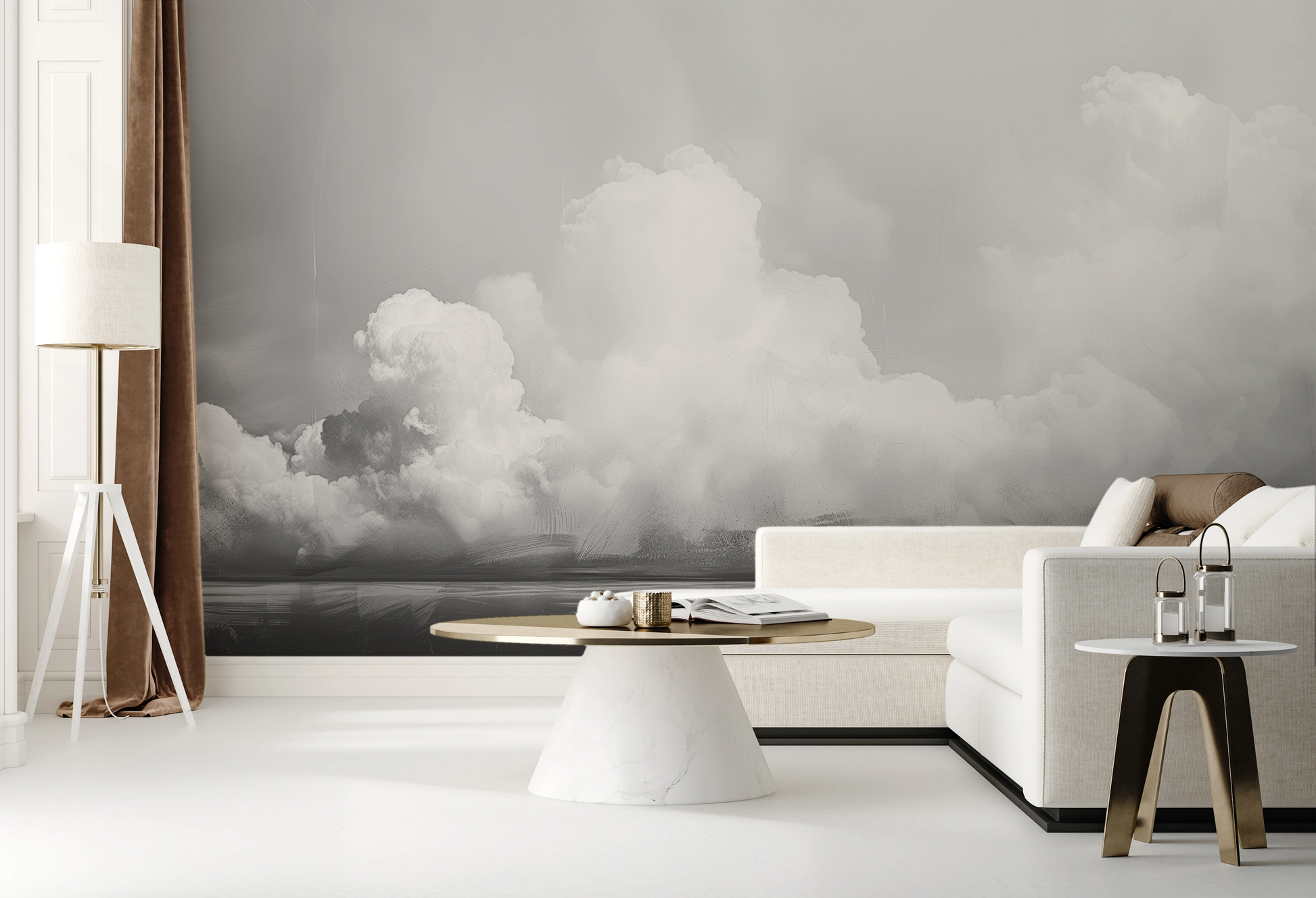 Wzór fototapety artystycznej o nazwie Clouds of Tranquility pokazanej w aranżacji wnętrza.
