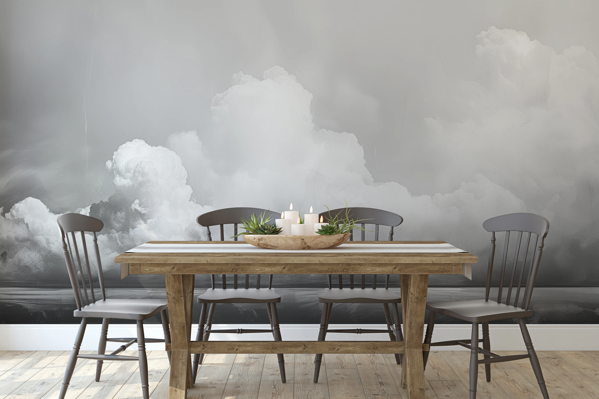 Wzór fototapety malowanej o nazwie Clouds of Tranquility pokazanej w aranżacji wnętrza.