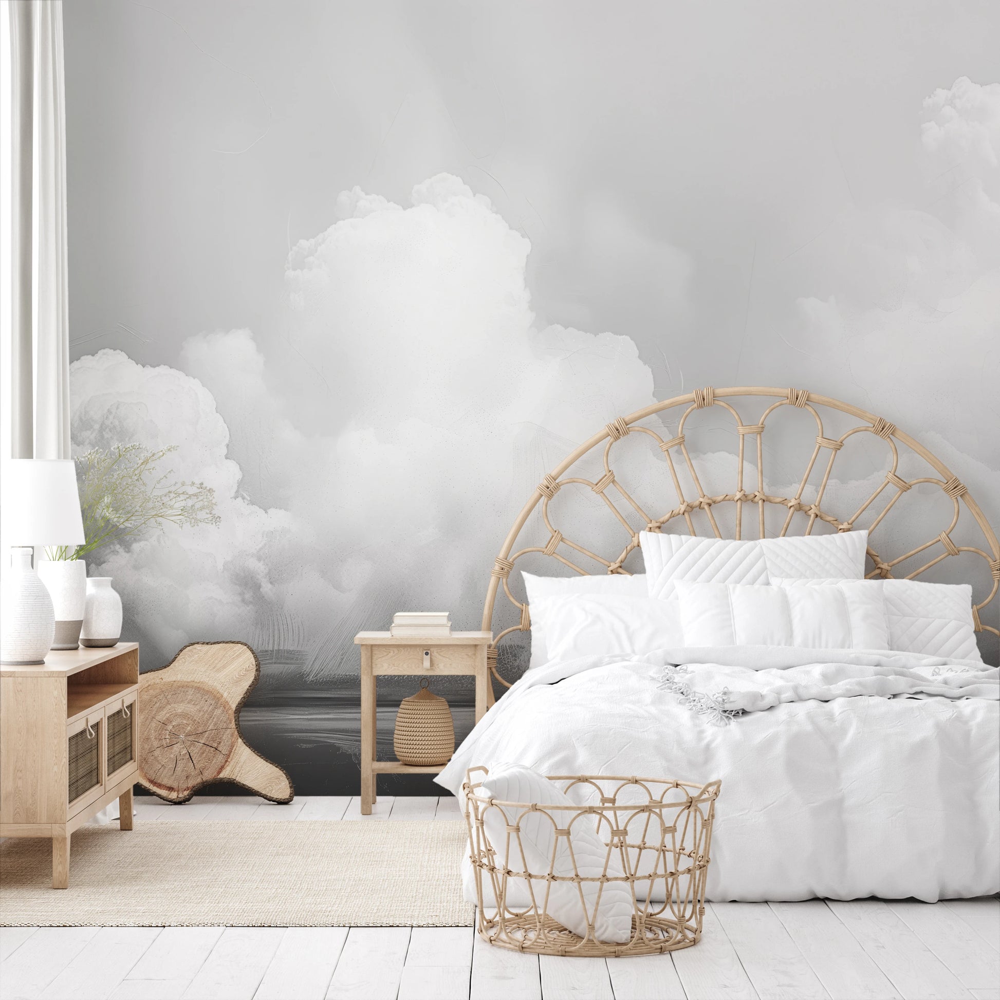 Wzór fototapety o nazwie Clouds of Tranquility pokazanej w kontekście pomieszczenia.