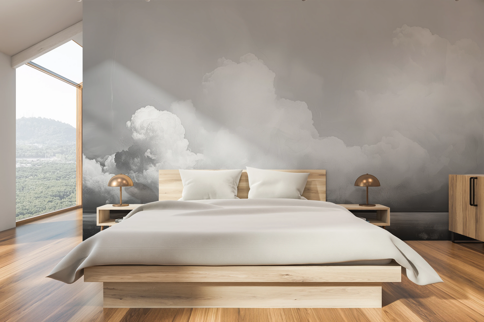 Zdjęcie prezentuje aranżację wnętrza z użyciem fototapety o nazwie Clouds of Tranquility pokazanej w aranżacji wnętrza.