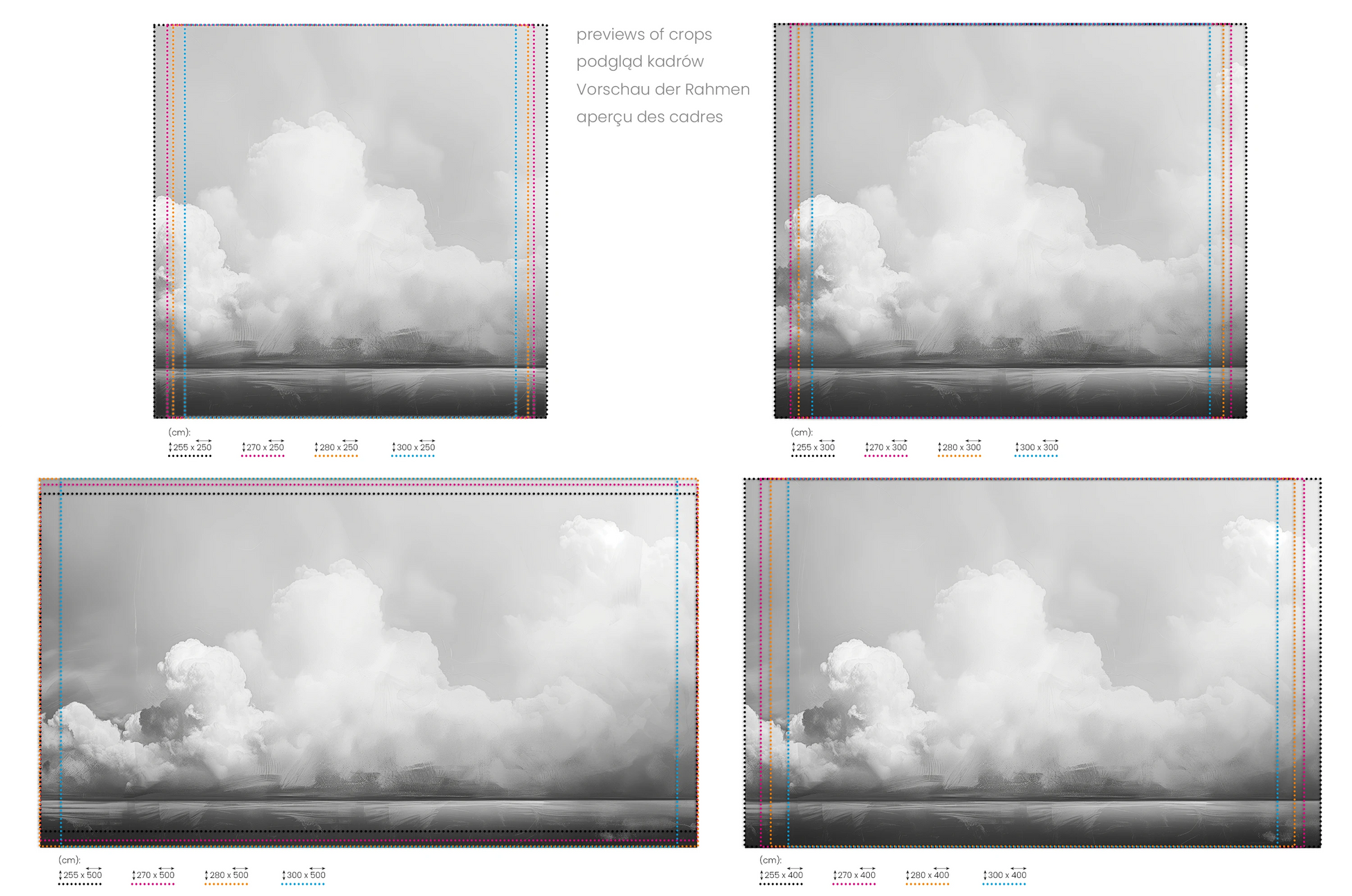 Na obrazie znajduje się prezentacja przykładowych rozmiarów fototapety o nazwie Clouds of Tranquility. Rozmiar fototapety jest dowolny.