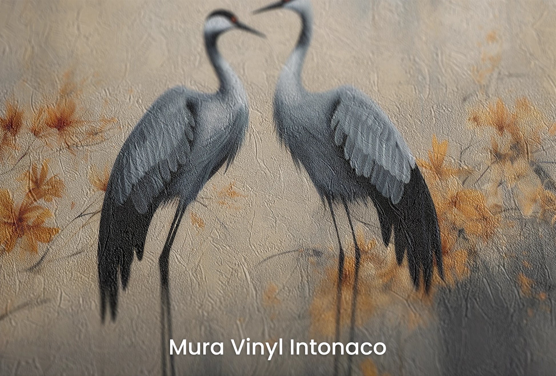 Zbliżenie na artystyczną fototapetę o nazwie Autumn's Whisper na podłożu Mura Vinyl Intonaco - struktura tartego tynku.