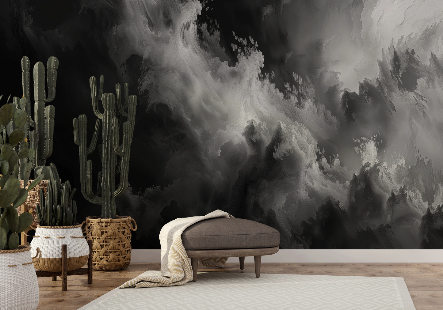 Wzór fototapety malowanej o nazwie Abstract Storm pokazanej w aranżacji wnętrza.