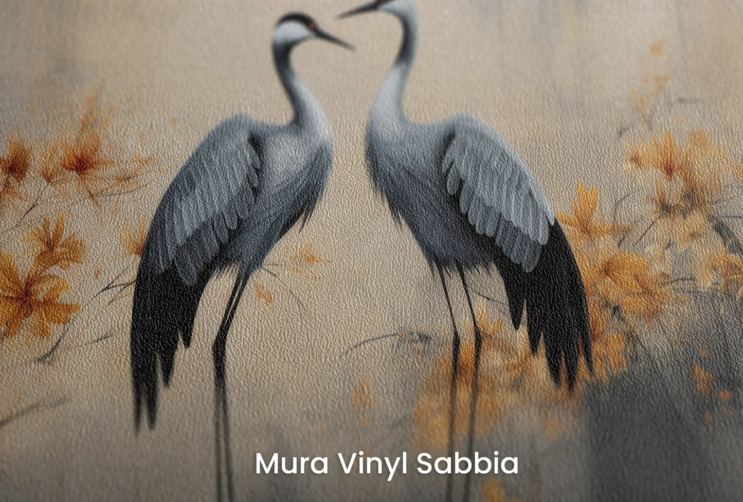 Zbliżenie na artystyczną fototapetę o nazwie Autumn's Whisper na podłożu Mura Vinyl Sabbia struktura grubego ziarna piasku.