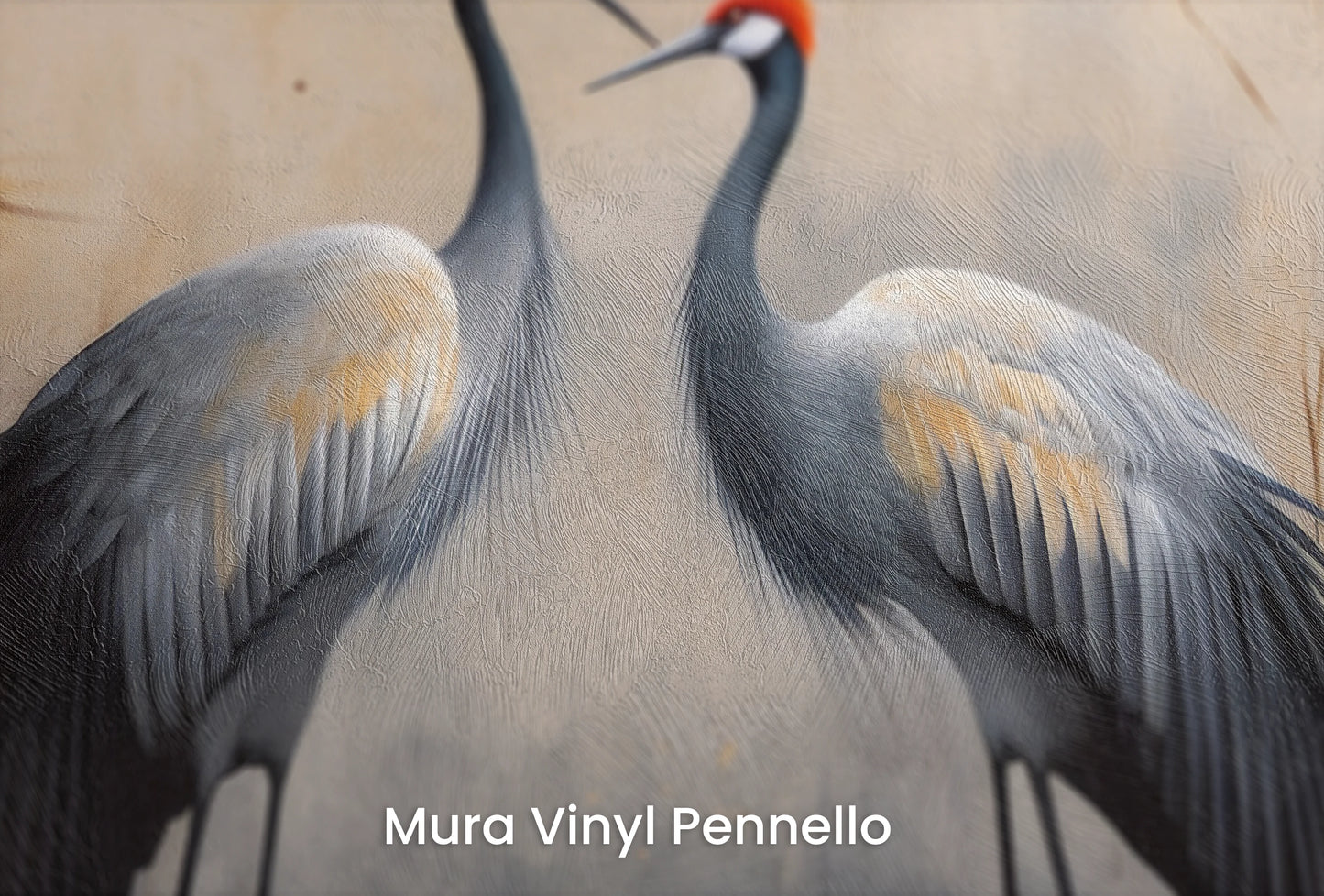 Zbliżenie na artystyczną fototapetę o nazwie Crimson Serenade na podłożu Mura Vinyl Pennello - faktura pociągnięć pędzla malarskiego.