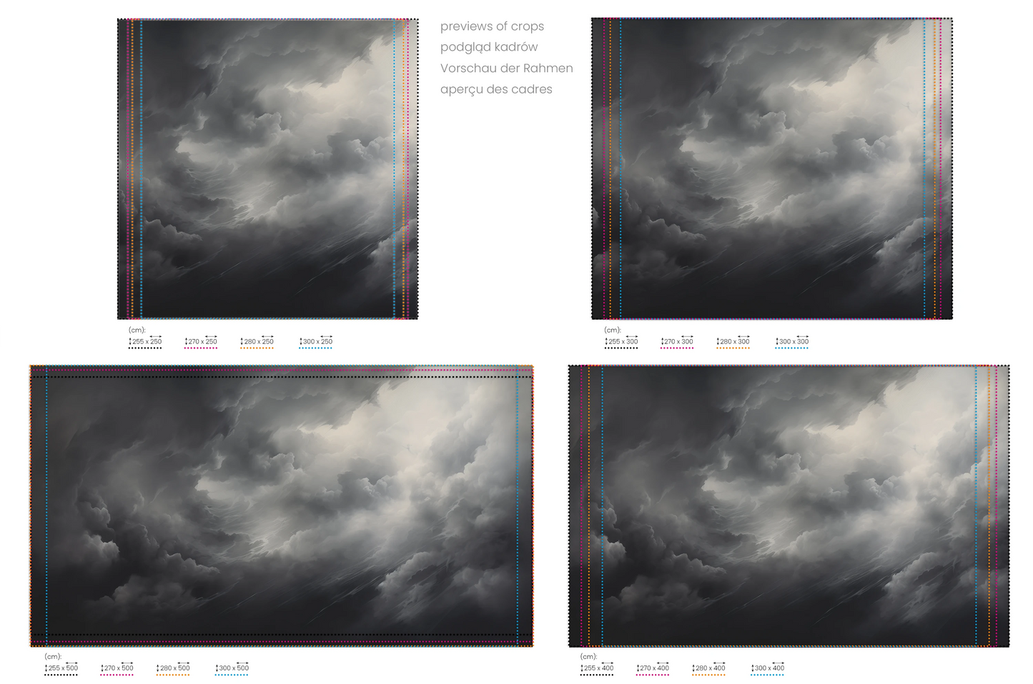 Na obrazie znajduje się prezentacja przykładowych rozmiarów fototapety o nazwie Storm's Crescendo. Rozmiar fototapety jest dowolny.