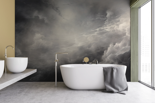 Wzór fototapety artystycznej o nazwie Silver Lining Drama pokazanej w aranżacji wnętrza.