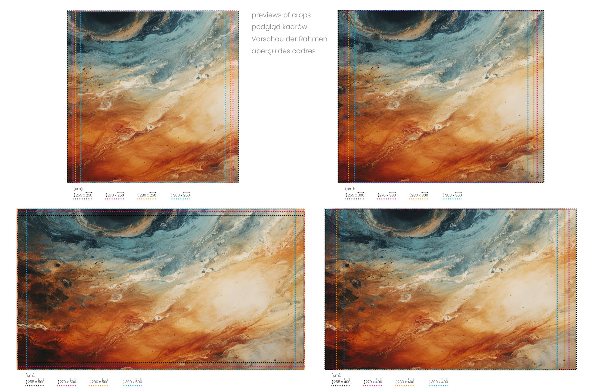 Na obrazie znajduje się prezentacja przykładowych rozmiarów fototapety o nazwie Jovian Storm. Rozmiar fototapety jest dowolny.