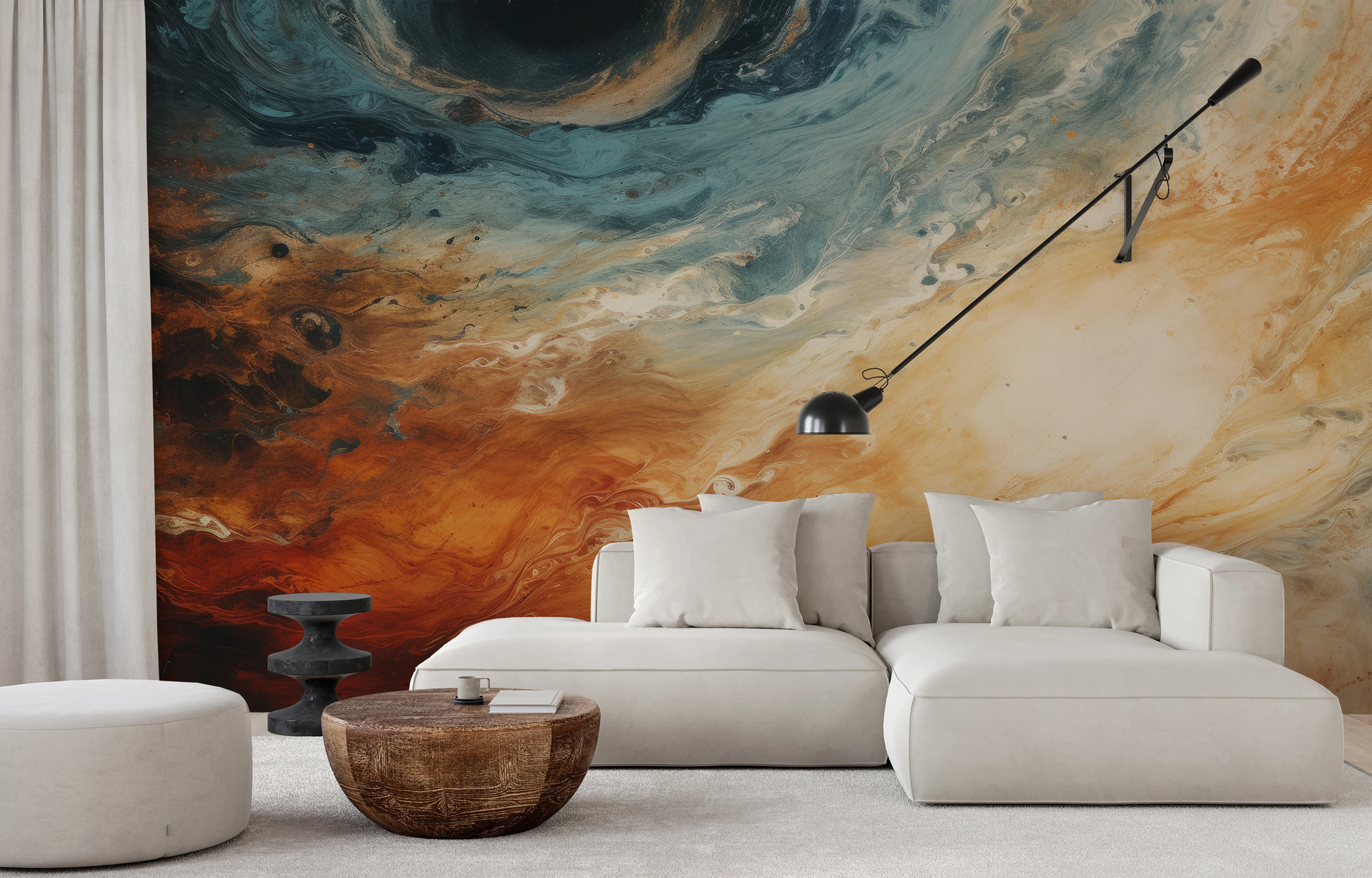 Wzór fototapety artystycznej o nazwie Jovian Storm pokazanej w aranżacji wnętrza.