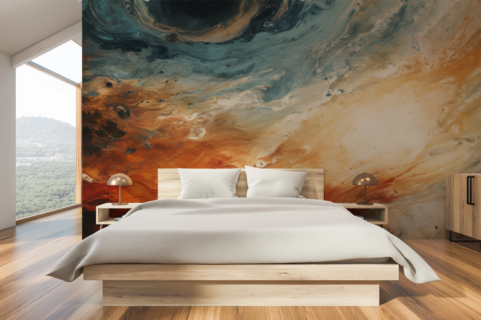 Wzór fototapety malowanej o nazwie Jovian Storm pokazanej w aranżacji wnętrza.