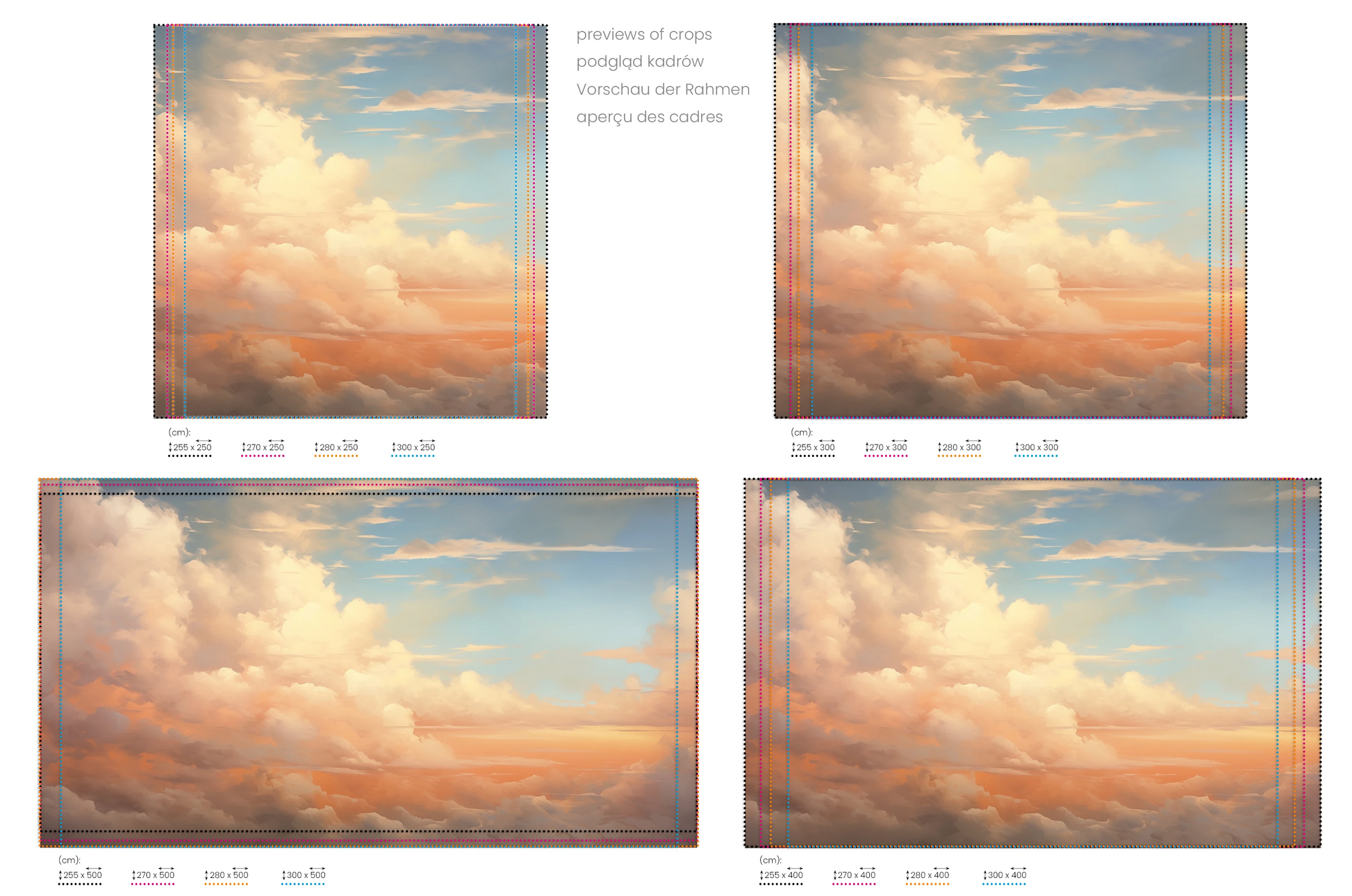 Na obrazie znajduje się prezentacja przykładowych rozmiarów fototapety o nazwie Tranquil Dawn #2. Rozmiar fototapety jest dowolny.