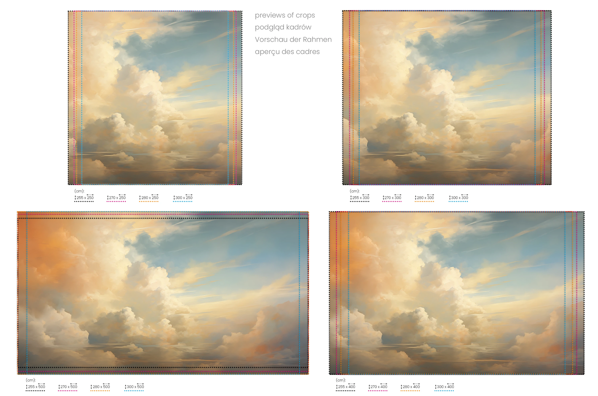 Na obrazie znajduje się prezentacja przykładowych rozmiarów fototapety o nazwie Sunset Canvas. Rozmiar fototapety jest dowolny.