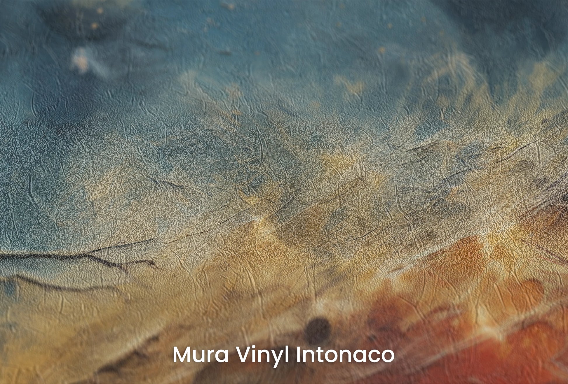 Zbliżenie na artystyczną fototapetę o nazwie Celestial Harmony na podłożu Mura Vinyl Intonaco - struktura tartego tynku.
