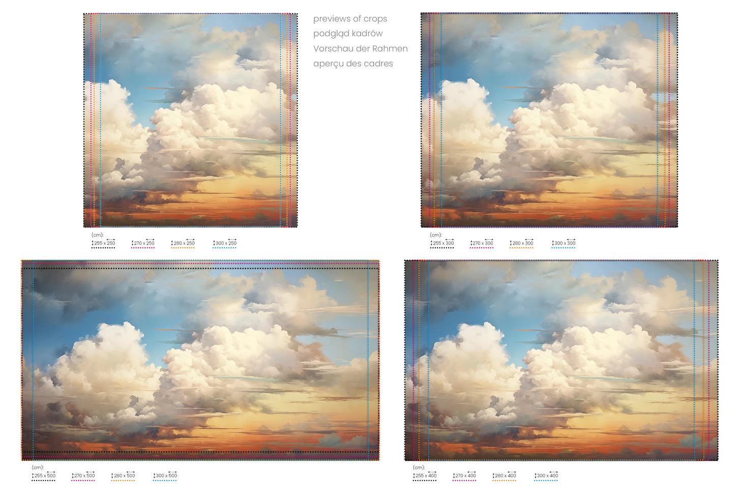 Na obrazie znajduje się prezentacja przykładowych rozmiarów fototapety o nazwie Sunset Majesty. Rozmiar fototapety jest dowolny.