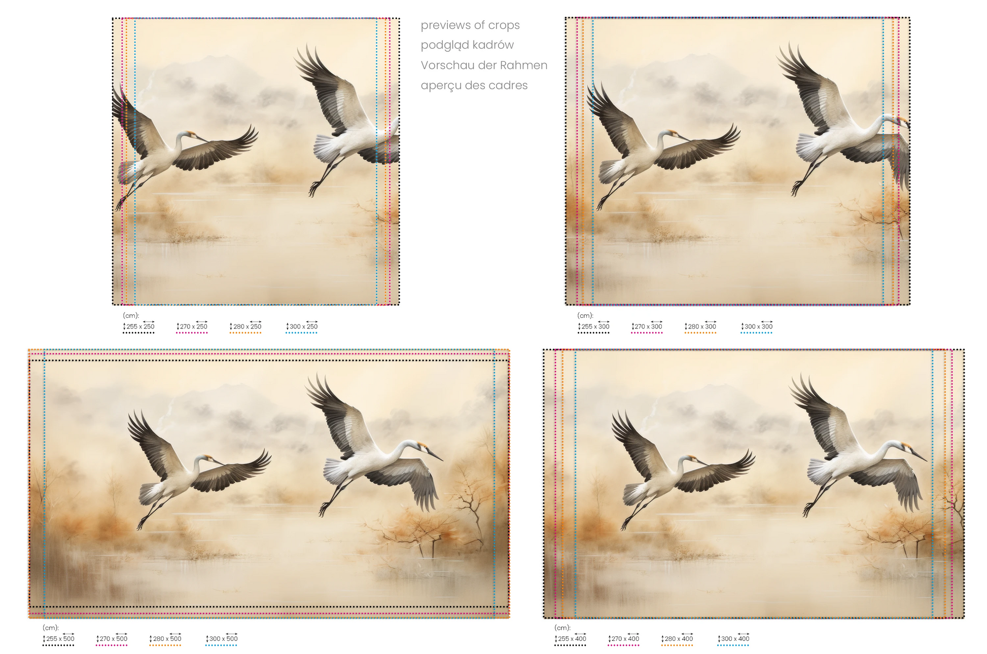 Na obrazie znajduje się prezentacja przykładowych rozmiarów fototapety o nazwie Autumn Flight. Rozmiar fototapety jest dowolny.