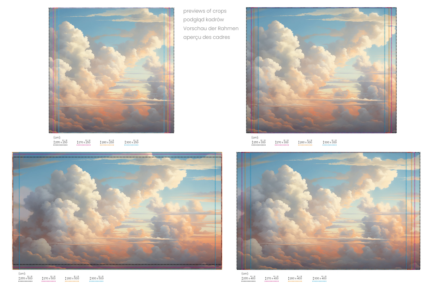 Na obrazie znajduje się prezentacja przykładowych rozmiarów fototapety o nazwie Skies Ablaze. Rozmiar fototapety jest dowolny.