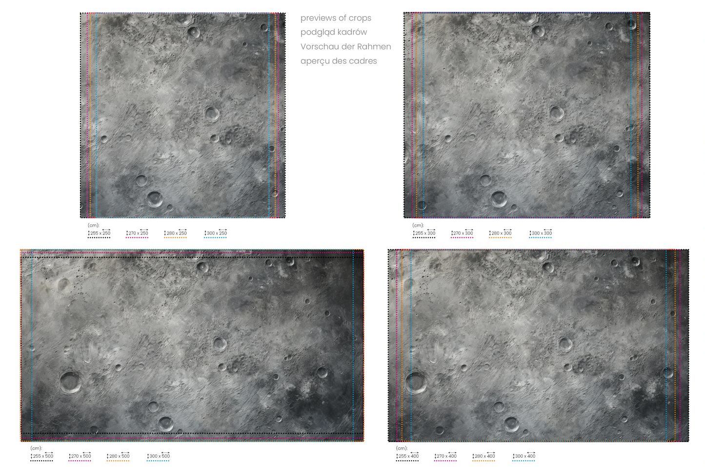 Na obrazie znajduje się prezentacja przykładowych rozmiarów fototapety o nazwie Lunar Majesty. Rozmiar fototapety jest dowolny.