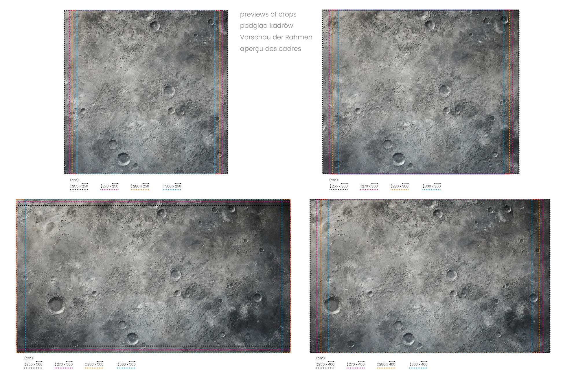 Na obrazie znajduje się prezentacja przykładowych rozmiarów fototapety o nazwie Lunar Majesty. Rozmiar fototapety jest dowolny.