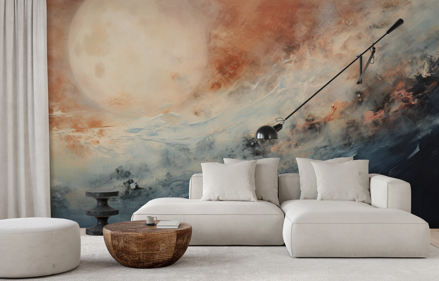 Fototapeta malowana o nazwie Moon's Tranquility pokazana w aranżacji wnętrza.