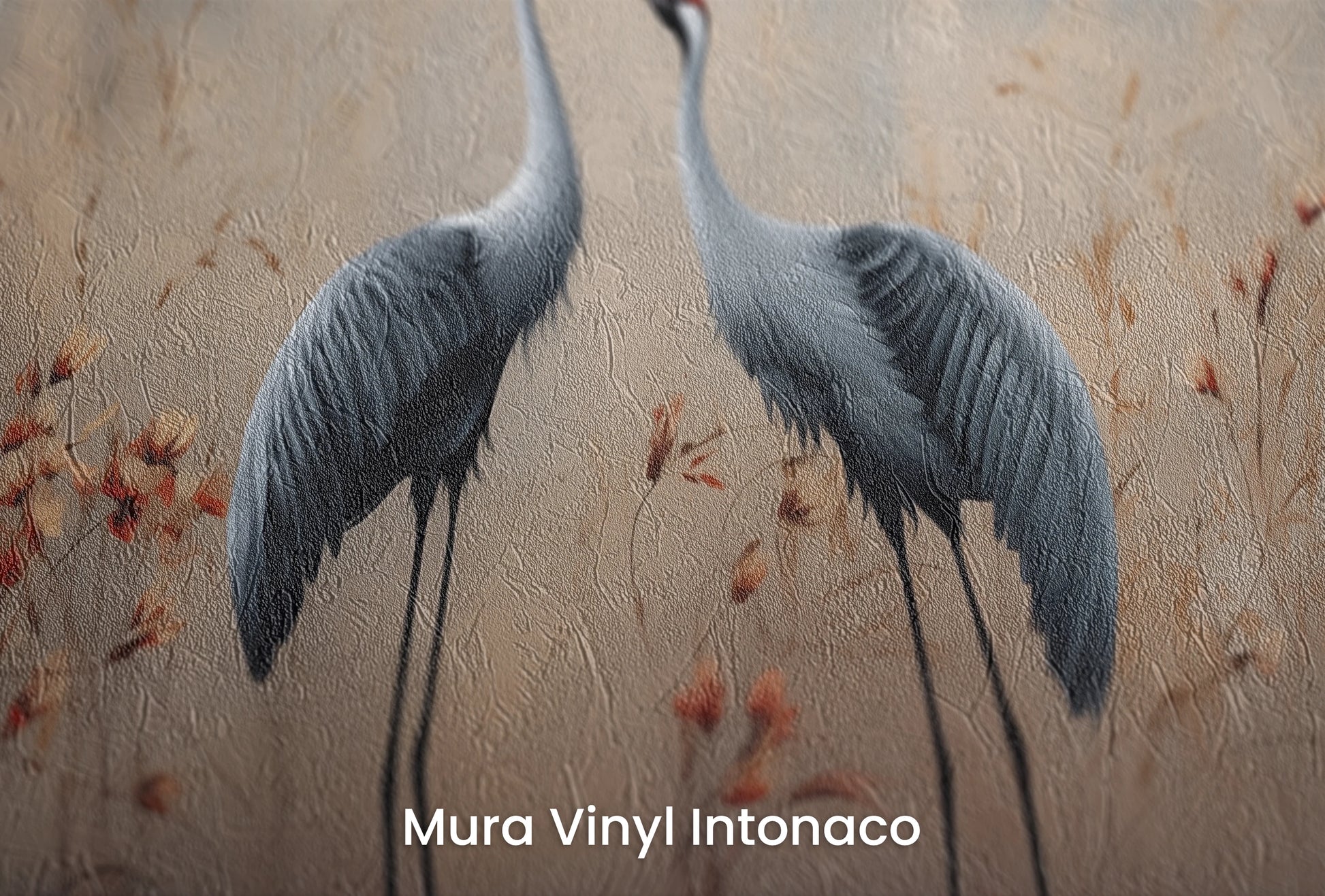 Zbliżenie na artystyczną fototapetę o nazwie Taneczne Żurawie na podłożu Mura Vinyl Intonaco - struktura tartego tynku.