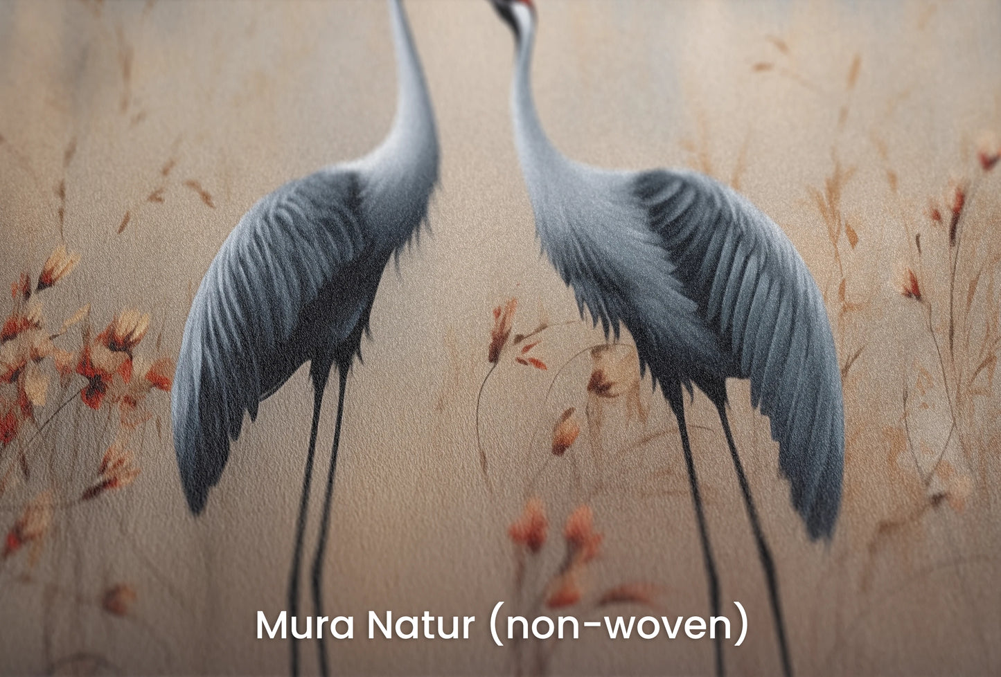 Zbliżenie na artystyczną fototapetę o nazwie Taneczne Żurawie na podłożu Mura Natur (non-woven) - naturalne i ekologiczne podłoże.