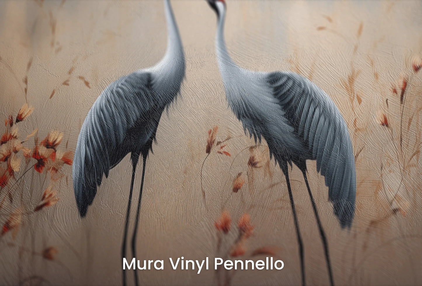 Zbliżenie na artystyczną fototapetę o nazwie Taneczne Żurawie na podłożu Mura Vinyl Pennello - faktura pociągnięć pędzla malarskiego.