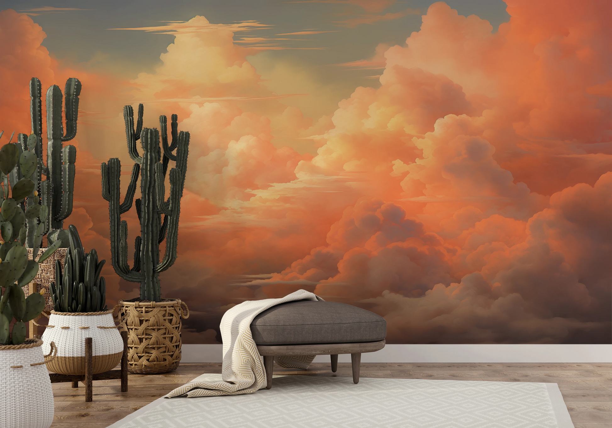 Wzór fototapety artystycznej o nazwie Sunset Serenity pokazanej w aranżacji wnętrza.