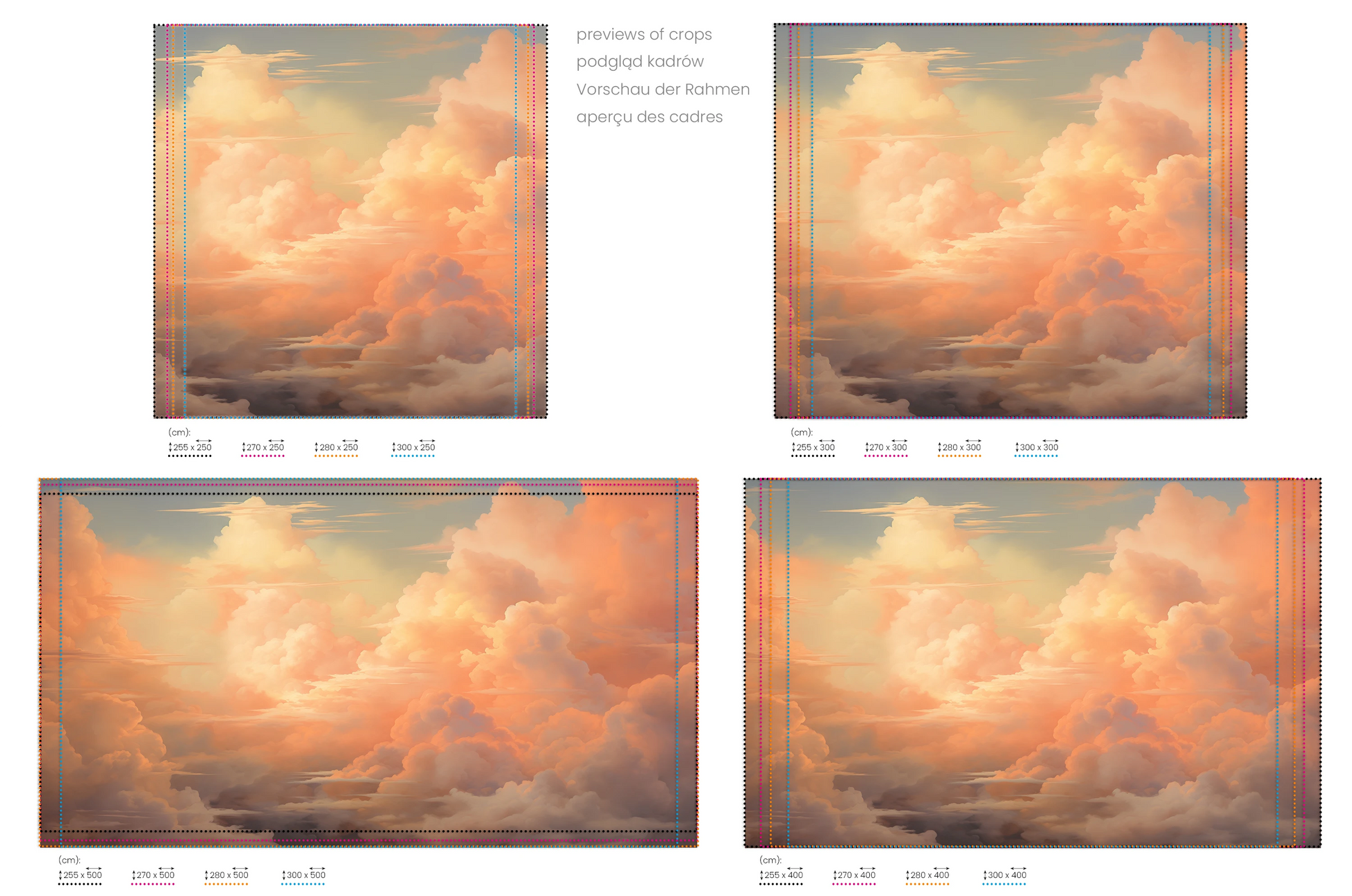 Na obrazie znajduje się prezentacja przykładowych rozmiarów fototapety o nazwie Sunset Serenity. Rozmiar fototapety jest dowolny.