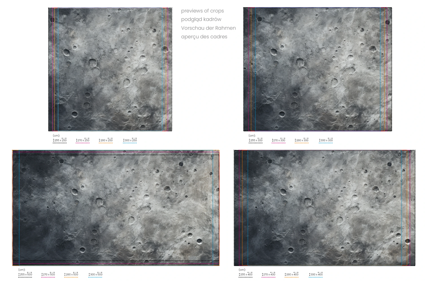 Na obrazie znajduje się prezentacja przykładowych rozmiarów fototapety o nazwie Lunar Desert. Rozmiar fototapety jest dowolny.
