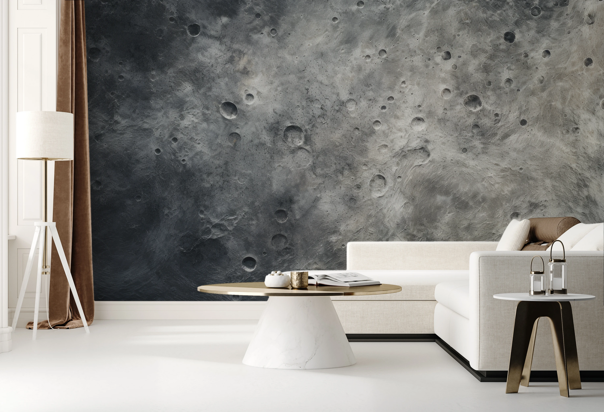 Wzór fototapety artystycznej o nazwie Lunar Desert pokazanej w aranżacji wnętrza.