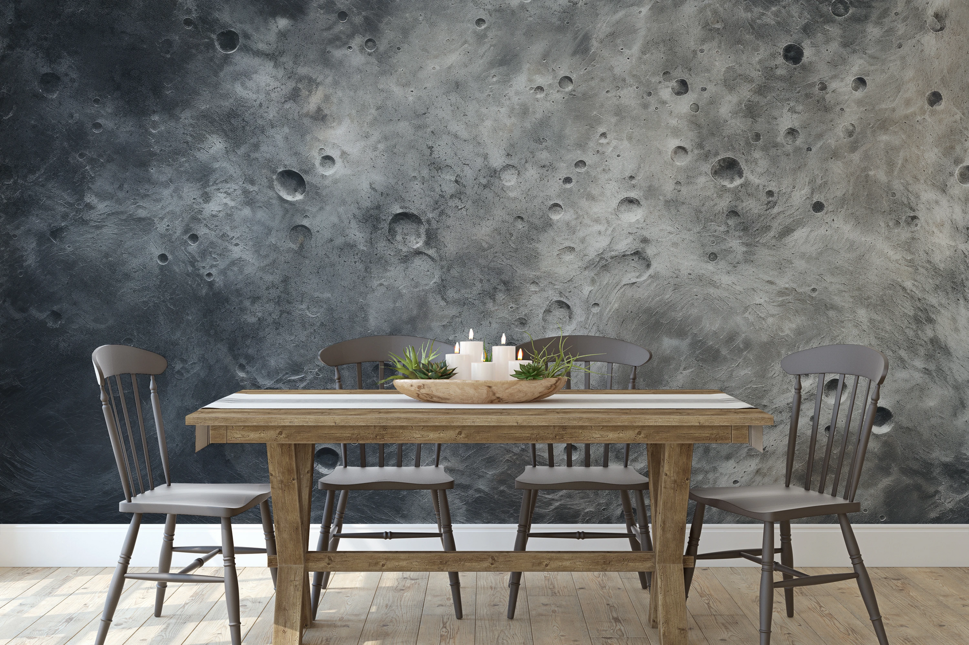 Wzór fototapety malowanej o nazwie Lunar Desert pokazanej w aranżacji wnętrza.