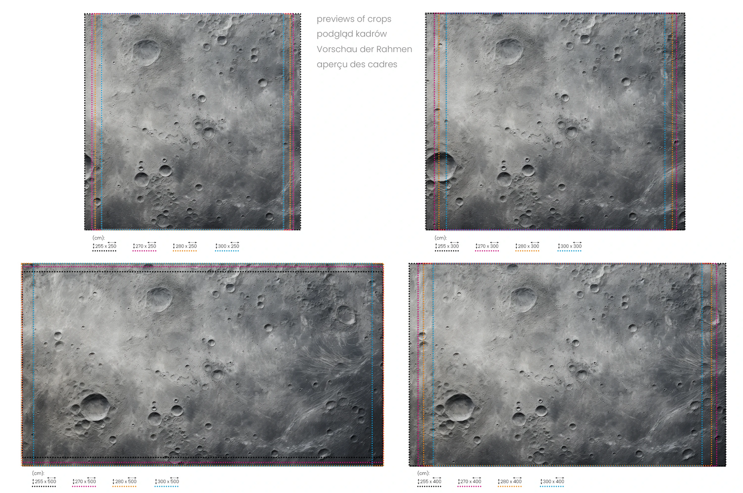 Na obrazie znajduje się prezentacja przykładowych rozmiarów fototapety o nazwie Lunar Surface. Rozmiar fototapety jest dowolny.