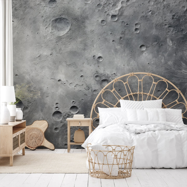 Zdjęcie prezentuje aranżację wnętrza z użyciem fototapety o nazwie Lunar Surface pokazanej w aranżacji wnętrza.
